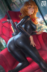 Rule 34 | 1girl, ass, black bodysuit, blurry, blurry background, bodysuit, breasts, brown eyes, brown hair, city, city lights, dutch angle, gun, highres, large breasts, latex, latex bodysuit, lips, long hair, looking at viewer, lupin iii, mine fujiko, night, nopeys, rifle, shiny clothes, sniper rifle, solo, weapon, window