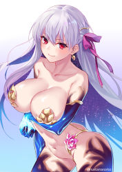 Rule 34 | 1girl, bare shoulders, blue gloves, breasts, closed mouth, collarbone, earrings, elbow gloves, fate/grand order, fate (series), gloves, gold earrings, gradient background, hair ribbon, jewelry, kama (fate), kama (third ascension) (fate), large breasts, light purple hair, long hair, looking at viewer, multicolored background, navel, purple ribbon, red eyes, ribbon, sakanasoko, smile, solo, standing, twitter username