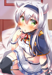 Rule 34 | 1girl, ahoge, alzano school uniform, animal ears, arm support, batten, bed, bed sheet, black thighhighs, blue capelet, blush, bow, breasts, buttons, capelet, cat ears, commentary request, condom, condom wrapper, crop top, double-breasted, emblem, garter straps, green eyes, hair between eyes, hairband, high collar, holding, holding condom, indoors, long hair, looking at viewer, miniskirt, navel, open mouth, pillow, pleated skirt, red ribbon, ribbon, rokudenashi majutsu koushi to akashic record, school uniform, shirt, simple background, sistine fibel, sitting, skirt, small breasts, solo, thighhighs, white hair, white shirt, white skirt, wrist cuffs