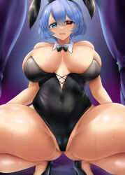 Rule 34 | 1girl, absurdres, animal ears, black footwear, black leotard, blue eyes, blue hair, breasts, cleavage, commentary request, covered navel, cross-laced clothes, curtains, gluteal fold, groin, heterochromia, high heels, highres, huge breasts, leotard, looking at viewer, open mouth, playboy bunny, poke200, rabbit ears, red eyes, short hair, spread legs, squatting, sweat, tatara kogasa, thighs, touhou
