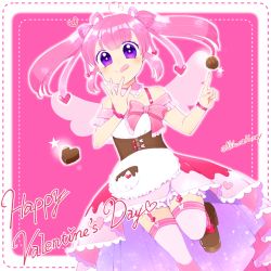 Rule 34 | 1girl, :d, ahoge, angel wings, apron, artist name, blush, bow, candy, chocolate, chocolate heart, corset, detached collar, dress, food, footwear bow, frills, garter straps, hair ornament, hair ribbon, hand on own chin, happy valentine, heart, heart ahoge, heart hair ornament, index finger raised, licking lips, loafers, long hair, looking at viewer, mikona honey, off-shoulder dress, off shoulder, open mouth, original, pink hair, pocket, purple eyes, ribbon, shoes, short sleeves, sidelocks, smile, solo, standing, standing on one leg, thighhighs, tongue, tongue out, twintails, underbust, valentine, wings, wrist ribbon