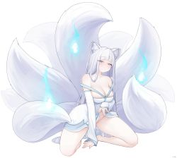 Rule 34 | 1girl, absurdres, animal ear fluff, animal ears, blue eyes, blunt bangs, blush, bottomless, breasts, cleavage, clothes lift, detached sleeves, dress, dress lift, fox ears, fox girl, fox tail, grey hair, half-closed eyes, highres, hitodama, japanese clothes, kitsune, kneeling, kyuubi, large breasts, large tail, lifting own clothes, long hair, looking at viewer, multiple tails, nujig, off shoulder, original, signature, simple background, solo, tail, very long hair, white background, white dress, white hair