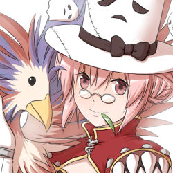 Rule 34 | 1girl, bird, black bow, bow, caduceus, cape, character print, closed mouth, commentary request, creator (ragnarok online), double bun, filir (ragnarok online), glasses, gloves, hair between eyes, hair bun, hat, hat bow, leaf, living clothes, looking at viewer, mouth hold, natsuya (kuttuki), pince-nez, pink eyes, pink hair, ragnarok online, red cape, round eyewear, short hair, simple background, smile, stalk in mouth, teeth, top hat, upper body, whisper (ragnarok online), white background, white gloves