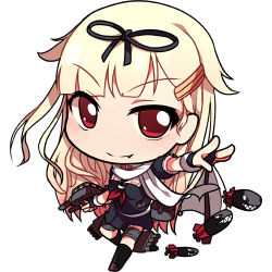 Rule 34 | &gt;:), 10s, 1girl, blonde hair, bow, carillus, chibi, fang, fingerless gloves, gloves, hair bow, hair flaps, hair ornament, hair ribbon, hairclip, kantai collection, looking at viewer, lowres, machinery, red eyes, ribbon, scarf, school uniform, serafuku, simple background, solo, torpedo, turret, v-shaped eyebrows, white background, yuudachi (kancolle), yuudachi kai ni (kancolle)