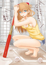 Rule 34 | 1girl, arm support, bare arms, bare legs, bare shoulders, barefoot, baseball bat, blue eyes, blush, breasts, brown hair, casual, cleavage, denim, full body, highres, holding, holding baseball bat, kumikouj, long hair, looking at viewer, medium breasts, neon genesis evangelion, no bra, open mouth, playing sports, shiny skin, shirt, short shorts, shorts, solo, souryuu asuka langley, squatting, sweat, tank top, translation request, twintails, two side up, yellow shirt