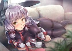 Rule 34 | 10s, 1girl, between breasts, blush, bodysuit, breasts, commentary request, couch, covered erect nipples, gloves, grey hair, hair ribbon, headgear, kantai collection, koyuki (kotatsu358), long hair, looking at viewer, lying, murakumo (kancolle), murakumo kai ni (kancolle), necktie, on couch, on side, pantyhose, parted lips, ribbon, solo, thighband pantyhose, tress ribbon, yellow eyes