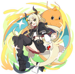 Rule 34 | 1girl, :d, ass, black footwear, black jacket, black ribbon, black skirt, black thighhighs, commentary request, creatures (company), cropped jacket, crossover, dragon girl, dragon horns, dragon tail, dragonite, fang, game freak, gen 1 pokemon, green eyes, hair between eyes, hair ornament, hair ribbon, hairclip, highres, holding, holding poke ball, horns, indie virtual youtuber, jacket, korean commentary, kutata, light brown hair, long hair, long sleeves, looking at viewer, low twintails, nintendo, nivr (vtuber), open mouth, platform footwear, pleated skirt, pointy ears, poke ball, poke ball (basic), pokemon, pokemon (creature), puffy long sleeves, puffy sleeves, ribbon, shirt, shoes, skirt, smile, sparkle, suspender skirt, suspenders, tail, thighhighs, twintails, very long hair, white shirt