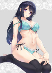 Rule 34 | 1girl, arm behind back, arm support, bare arms, bare shoulders, black thighhighs, blue bra, blue eyes, blue hair, blue panties, blush, bra, breasts, commentary request, frilled bra, frilled panties, frills, from below, full body, grey background, hair between eyes, hand on own leg, hibike! euphonium, highres, kousaka reina, large breasts, long hair, looking at viewer, nagayori, navel, panties, parted lips, shiny skin, side-tie panties, sitting, solo, stomach, thighhighs, thighs, underwear, underwear only