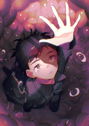 Rule 34 | 1boy, absurdres, ban (one ban7241), black hair, brown eyes, coat, commentary, disembodied eye, flesh, foreshortening, from above, grey coat, hand up, highres, horror (theme), key, little nightmares, looking up, messy hair, mono (little nightmares), parted lips, partially unbuttoned, perspective, shaded face, solo, spread fingers, water drop