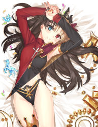 Rule 34 | 1girl, armpits, arms up, bikini, bikini bottom only, black bikini, black bow, black dress, black hair, blonde hair, blue eyes, blush, bow, breasts, cape, closed mouth, cross, detached collar, dress, ereshkigal (fate), fate/grand order, fate/stay night, fate (series), gem, gold trim, hair bow, highleg, highleg bikini, ishtar (fate), jewelry, long hair, long sleeves, looking at viewer, lying, medium breasts, multiple persona, necklace, on back, parted bangs, parted lips, pendant, red bow, red cape, red eyes, red sweater, sacanahen, single thighhigh, skull, smile, spine, split theme, sweater, swimsuit, thighhighs, thighs, tohsaka rin, trait connection, two side up