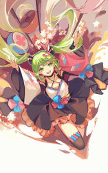 Rule 34 | 1girl, absurdres, alternate eye color, alternate hair color, arms up, bad id, bad pixiv id, black thighhighs, blunt bangs, commentary, green eyes, green hair, hatsune miku, highres, japanese clothes, kimono, knee up, light blush, magical mirai (vocaloid), magical mirai miku, magical mirai miku (2020 summer), mio4moon, open mouth, smile, solo, teeth, thighhighs, twintails, upper teeth only, vocaloid, yukata, zettai ryouiki