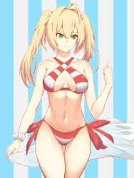 Rule 34 | 1girl, absurdres, ahoge, bare arms, bare shoulders, bikini, blonde hair, blue background, breasts, collarbone, commentary request, cowboy shot, fate/grand order, fate (series), green eyes, grey background, hair between eyes, hair intakes, hand up, highres, long hair, looking at viewer, medium breasts, moeey tienan, navel, nero claudius (fate), nero claudius (fate) (all), nero claudius (swimsuit caster) (fate), red bikini, scrunchie, side-tie bikini bottom, smile, solo, standing, stomach, striped background, striped bikini, striped clothes, swimsuit, thighs, twintails, vertical stripes, white scrunchie, wrist scrunchie