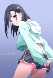 Rule 34 | 1girl, aqua hoodie, ass, ass peek, back, black hair, black shorts, blue background, blue eyes, covering privates, covering ass, cowboy shot, dated, dolphin shorts, from side, hair ornament, hairclip, highres, hood, hoodie, long sleeves, looking back, nii manabu, original, own hands together, short shorts, shorts, signature, smile, solo, split mouth
