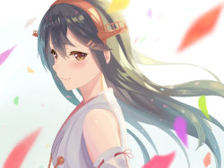 Rule 34 | 1girl, absurdres, bad id, bad pixiv id, bare shoulders, black hair, blush, brown eyes, closed mouth, detached sleeves, from side, hair ornament, hairband, hairclip, haruna (kancolle), headgear, highres, kantai collection, long hair, looking at viewer, looking to the side, navy (navybluexox), nontraditional miko, smile, solo, upper body