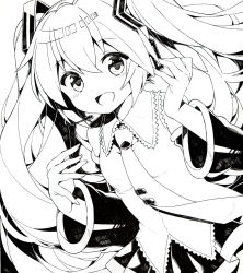 Rule 34 | 1girl, greyscale, hatsune miku, kurisu sai, long hair, looking at viewer, monochrome, necktie, open mouth, smile, solo, twintails, very long hair, vocaloid, white background