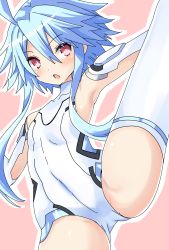 Rule 34 | 1girl, absurdres, armpits, bare shoulders, blue hair, blush, breasts, cowboy shot, elbow gloves, gloves, hair between eyes, highres, iwashi dorobou -r-, leotard, light blue hair, looking at viewer, neptune (series), power symbol, power symbol-shaped pupils, red eyes, short hair with long locks, small breasts, solo, split, standing, standing on one leg, standing split, symbol-shaped pupils, thick thighs, thighhighs, thighs, white gloves, white heart (neptunia), white leotard