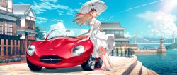 Rule 34 | 1girl, blew andwhite, blonde hair, blue eyes, blue sky, blush, braid, bridge, building, car, casual, commentary request, crown, day, dress, eyewear on head, flower, high heels, highres, holding, holding umbrella, jaguar (car), jaguar e-type, kantai collection, long hair, looking at viewer, motor vehicle, official alternate costume, one eye closed, outdoors, red flower, red rose, rose, short sleeves, sky, smile, solo, sports car, standing, sunglasses, sunlight, umbrella, vehicle focus, warspite (kancolle), water, white dress