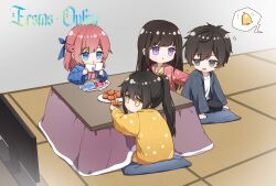 1boy 3girls aikawa_shuuko asagiri_ririko bad_source black_eyes black_hair blue_eyes card chibi doumeguri_kakeru ecstas_online highres japanese_clothes kimono letter long_hair multiple_girls pink_hair ponytail purple_eyes red_hair ribbon shizukuishi_non television yellow_eyes yellow_ribbon yukata