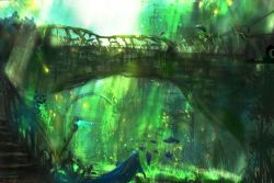 Rule 34 | bridge, fantasy, fish, green theme, highres, light rays, no humans, original, scenery, stairs, underwater, yanagifor