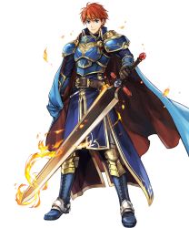 Rule 34 | 1boy, arm guards, armor, armored boots, belt, black gloves, blue armor, blue eyes, boots, cape, eliwood (fire emblem), fire, fire emblem, fire emblem: the blazing blade, fire emblem heroes, full body, gloves, highres, holding, holding cape, holding clothes, holding sword, holding weapon, jewelry, long sleeves, looking at viewer, male focus, nintendo, official art, pants, red hair, short hair, shoulder armor, smile, solo, standing, sword, tiara, transparent background, wada sachiko, weapon