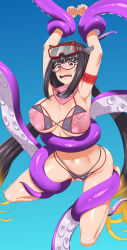 Rule 34 | 1girl, absurdres, armpits, arms up, bikini, blue background, breasts, brown hair, covered erect nipples, fate/grand order, fate (series), glasses, goggles, goggles on head, gradient background, highres, ippo, large breasts, long hair, low twintails, osakabehime (fate), osakabehime (swimsuit archer) (fate), osakabehime (swimsuit archer) (second ascension) (fate), purple eyes, scarf, swimsuit, tentacles, twintails, very long hair