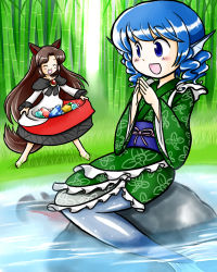 Rule 34 | 2girls, :d, ^ ^, animal ears, bamboo, bamboo forest, barefoot, blue eyes, blue hair, brown hair, carrying, closed eyes, dress, fang, fins, forest, frilled kimono, frilled sleeves, frills, gem, head fins, imaizumi kagerou, japanese clothes, kimono, long hair, mermaid, monster girl, multiple girls, nature, nitamago, obi, open mouth, rock, sash, short hair, sitting, sitting on rock, skirt basket, smile, tail, touhou, wakasagihime, water, wavy hair, wolf ears, wolf tail