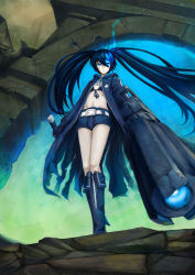 Rule 34 | 10s, 1girl, absurdres, arm cannon, belt, bikini, bikini top only, black hair, black rock shooter, black rock shooter (character), blue eyes, boots, coat, female focus, glowing, glowing eyes, highres, long hair, pale skin, rx., scar, shorts, solo, star (symbol), swimsuit, twintails, weapon