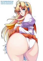 Rule 34 | 1girl, ahoge, ass, bad id, bad nijie id, blonde hair, blue eyes, breasts, clothes lift, curvy, from behind, happy princess, highres, hiromin, huge ass, large breasts, lieselotte von rozencrone, light smile, long hair, looking at viewer, looking back, original, panties, plump, shiny skin, skirt, skirt lift, solo, thick thighs, thighs, twitter username, underwear, wide hips