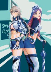 Rule 34 | 2girls, ahoge, alternate costume, asymmetrical legwear, back-to-back, black jacket, blue hair, blue skirt, breasts, checkered clothes, checkered headwear, cropped jacket, feet out of frame, fingerless gloves, gloves, grey eyes, highres, jacket, kantai collection, long hair, looking at viewer, medium breasts, midriff, mini person, minigirl, mismatched legwear, multicolored hair, multiple girls, nidou, official alternate costume, planted, planted umbrella, race queen, red hair, skirt, south dakota (kancolle), star (symbol), thighhighs, umbrella, underboob, washington (kancolle), white gloves, white hair, white jacket