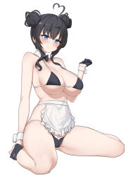Rule 34 | 1girl, absurdres, ahoge, aningay, apron, bare arms, bare legs, bare shoulders, barefoot, bikini, black bikini, black gloves, black hair, blue eyes, blush, breasts, closed mouth, collarbone, double bun, frilled apron, frills, full body, gloves, hair bun, half gloves, highres, large breasts, original, sidelocks, simple background, sitting, smile, solo, swimsuit, waist apron, wariza, white apron, white background, wrist cuffs
