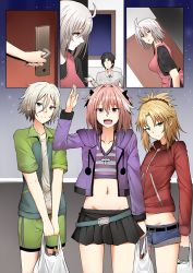 Rule 34 | 2girls, 3boys, ahoge, apron, astolfo (fate), astolfo (memories at trifas) (fate), bag, blonde hair, breasts, comic, cosplay, cross, cross necklace, door, faceless, faceless male, fang, fate/grand order, fate (series), fujimaru ritsuka (male), ginhaha, green eyes, jacket, jeanne d&#039;arc (fate), jeanne d&#039;arc alter (avenger) (fate), jeanne d&#039;arc alter (fate), jewelry, large breasts, micro shorts, miniskirt, mordred (fate), mordred (fate/apocrypha), multiple boys, multiple girls, navel, necklace, official alternate costume, pink hair, prince of lan ling (fate), purple eyes, short hair, shorts, silent comic, silver hair, skirt, totsuka saika, totsuka saika (cosplay), trap, waving, yellow eyes