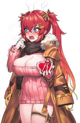 Rule 34 | 1girl, @ @, averting eyes, blush, bow, box, breasts, cain (gunnermul), cleavage, coat, dress, gift, gift box, hair between eyes, hair bow, hair ornament, hairclip, heart-shaped box, highres, holding, holding gift, incoming gift, large breasts, last origin, may of doom, meme attire, mole, mole on breast, nervous, open-chest sweater, open mouth, red hair, ribbed sweater, scarf, simple background, solo, sweater, sweater dress, trembling, twintails, valentine, white background