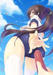 Rule 34 | 1girl, absurdres, ass, brown eyes, brown hair, buruma, cloud, day, from behind, from below, gradient background, gym uniform, highres, long hair, open mouth, original, ponytail, ryo (botugo), sky, solo focus, thighhighs, white thighhighs
