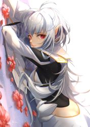 Rule 34 | 1girl, commentary request, faicha, fate/grand order, fate/prototype, fate (series), flower, long hair, looking at viewer, lying, merlin (fate/prototype), merlin (fate/prototype) (second ascension), on stomach, petals, pointy ears, red eyes, silver hair, simple background, solo, white background