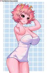 Rule 34 | 1girl, ahnei, ashido mina, bad id, bad pixiv id, black sclera, blush, boku no hero academia, breasts, colored sclera, colored skin, highres, horns, large breasts, looking at viewer, patreon username, pink hair, pink skin, shiny skin, short hair, simple background, solo, yellow eyes