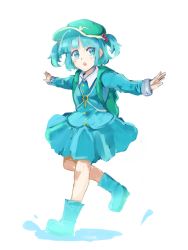 Rule 34 | 1girl, backpack, bag, blue eyes, blue hair, blush, blush stickers, boots, dress, full body, hair bobbles, hair ornament, hat, kawashiro nitori, key, long sleeves, matching hair/eyes, naminori, open mouth, outstretched arms, pocket, puddle, rubber boots, short hair, short twintails, simple background, skirt, skirt set, solo, splashing, touhou, twintails, two side up, water, white background