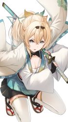 Rule 34 | 1girl, black gloves, blonde hair, blue eyes, blue nails, commentary request, fingerless gloves, gloves, hair between eyes, hair ribbon, haori, highres, holding, holding sheath, holding sword, holding weapon, hololive, jacket, jacket on shoulders, japanese clothes, kazama iroha, long sleeves, looking at viewer, merxkialis, nail polish, open mouth, pleated skirt, ponytail, ribbon, sandals, sarashi, sheath, skirt, solo, swimsuit, sword, thighhighs, unsheathing, v-shaped eyebrows, virtual youtuber, weapon, white thighhighs, wide sleeves
