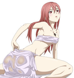 Rule 34 | 10s, 1girl, arm support, armpits, ass, bare shoulders, between breasts, breasts, brown hair, cleavage, hair between eyes, kusaribe hakaze, large breasts, long hair, red eyes, see-through, simple background, sitting, solo, underboob, wet, white background, yoshida keiji, zetsuen no tempest