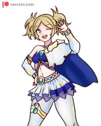 Rule 34 | 1girl, blonde hair, blue eyes, blue tube top, breasts, cape, cosplay, crop top, fire emblem, fire emblem awakening, hayato stuff, highres, hyrule warriors, jewelry, lana (hyrule warriors), lana (hyrule warriors) (cosplay), lissa (fire emblem), long hair, medium breasts, midriff, miniskirt, nao (pixiv 5120470), navel, necklace, nintendo, skirt, solo, strapless, the legend of zelda, thighhighs, tube top, twintails, white thighhighs