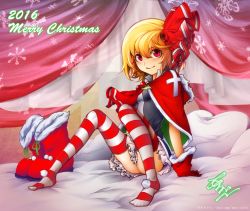 Rule 34 | 1girl, 2016, alternate costume, arikanrobo, arm support, ascot, bed, blonde hair, blush, boots, breasts, canopy bed, capelet, christmas, closed mouth, full body, gloves, hair ribbon, looking at viewer, merry christmas, on bed, pink eyes, red footwear, red gloves, red ribbon, ribbon, rumia, signature, sitting, skirt, small breasts, smile, solo, striped clothes, striped thighhighs, thighhighs, touhou, unworn boots, white skirt