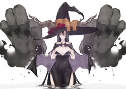 Rule 34 | 1girl, abyssal ship, alternate costume, bad id, bad pixiv id, battleship princess, black dress, black hair, breasts, cape, cleavage, commentary request, dress, flower, hat, hat flower, horns, huge breasts, kantai collection, long hair, looking back, neko (ganecooo), pale skin, parted lips, red eyes, simple background, solo, star (symbol), wand, white background, witch hat