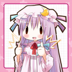 Rule 34 | 1girl, :d, ^^^, crescent, eretto, female focus, hair ribbon, hat, long hair, open mouth, patchouli knowledge, purple hair, ribbon, smile, solo, thumbs up, touhou