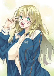Rule 34 | 10s, 1girl, adjusting eyewear, alternate costume, atago (kancolle), bespectacled, blonde hair, blush, breasts, cleavage, glasses, green eyes, h kasei, highres, jacket, kantai collection, large breasts, long hair, looking at viewer, naked jacket, open clothes, open mouth, personification, saliva, solo, sweat, track jacket