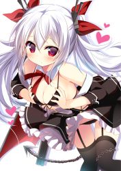 Rule 34 | 1girl, armpits, azur lane, black bra, black dress, black panties, blush, bra, breast press, breasts, cameltoe, chain, cleavage, closed mouth, commentary request, dress, garter belt, hair between eyes, hair ornament, hair ribbon, heart, highres, leaning forward, long hair, looking at viewer, medium breasts, nagayama yuunon, panties, red eyes, red ribbon, ribbon, silver hair, small breasts, solo, thighhighs, twintails, underwear, vampire (azur lane), white background, wings