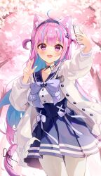 Rule 34 | 1girl, absurdres, ahoge, anchor hair ornament, anchor symbol, animal ear fluff, animal ears, blue bow, blue hair, blue hairband, blush, bow, cat ears, cat tail, cellphone, cherry blossoms, colored inner hair, cowlick, frilled sailor collar, frills, hair ornament, hairband, highres, holding, holding phone, hololive, iop5509, long sleeves, looking at viewer, minato aqua, minato aqua (sailor), multicolored hair, official alternate costume, open mouth, phone, pink hair, pleated skirt, purple eyes, sailor collar, selfie, short twintails, skirt, solo, streaked hair, tail, twintails, two-tone hair, unbuttoned, v, virtual youtuber