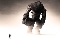 Rule 34 | 1boy, bad deviantart id, bad id, club (weapon), colossus, highres, shadow of the colossus, shaggermeister, size difference, valus (shadow of the colossus), wander (shadow of the colossus), weapon