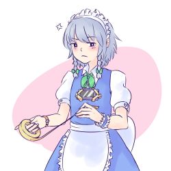 Rule 34 | 1girl, anger vein, apron, breasts, cellphone, failure, flat chest, frown, highres, izayoi sakuya, maid, phone, simple background, small breasts, smartphone, solo, tape, tawawa challenge, touhou, watch, wristwatch, yoruny, you&#039;re doing it wrong