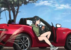 1girl annin_musou black_hair blue_sky blurry car cloud commentary_request cup day depth_of_field disposable_coffee_cup disposable_cup eunos_roadster green_sweater grey_eyes grey_footwear hood hooded_sweater mazda mazda_mx-5 mazda_mx-5_nd motor_vehicle original outdoors right-hand_drive shoes short_hair sitting sky sneakers solo sweater vehicle_request