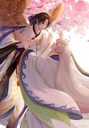 Rule 34 | 2boys, arms up, black hair, blue hair, blue sash, braid, brown wings, cherry blossoms, chinese clothes, coat, curtained hair, eye contact, facial mark, falling petals, feathered wings, feet out of frame, floating, flower, forehead mark, gradient hair, green eyes, green robe, hair ornament, hanfu, happy, highres, imminent hug, jiayi yeya, leaf hair ornament, long hair, long sleeves, longjing shrimp (the tale of food), looking at another, looking up, male focus, multicolored hair, multiple boys, open clothes, open coat, outstretched arms, parted bangs, parted lips, petals, pink flower, pink hair, profile, robe, rope belt, sash, see-through, see-through shawl, shawl, side braid, smile, spread arms, standing, swallow bun (the tale of food), tassel, tassel hair ornament, the tale of food, tree, very long hair, weibo logo, weibo watermark, white background, white coat, white hair, white robe, white shawl, wide sleeves, wings, yaoi, yaopei, yellow eyes