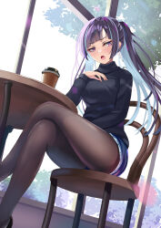 Rule 34 | 1girl, absurdres, black footwear, black sweater, blue hair, blue shorts, blunt bangs, blush, breasts, brown pantyhose, bush, coffee cup, commentary request, crossed legs, cup, day, disposable cup, dutch angle, ear piercing, feet out of frame, fingernails, from below, hand on lap, hand on own chest, hand up, head tilt, highres, himeno yuki (youjitsu), indoors, legs, long hair, long sleeves, looking at viewer, medium breasts, multicolored hair, on chair, open mouth, pantyhose, partial commentary, piercing, pink eyes, purple hair, round table, short shorts, shorts, sideways glance, sitting, solo, streaked hair, sweatdrop, sweater, table, thighs, tree, turtleneck, turtleneck sweater, twintails, ukitaka raptor, window, youkoso jitsuryoku shijou shugi no kyoushitsu e
